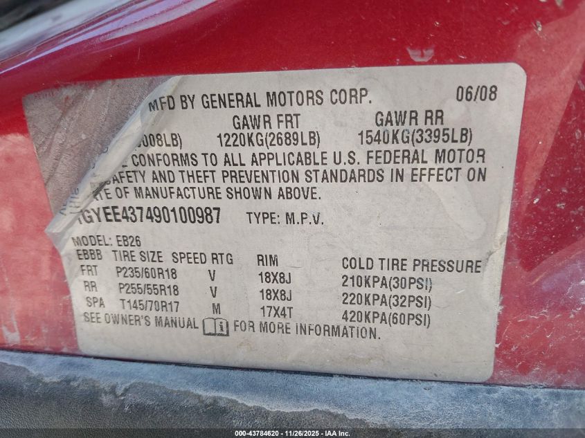 2009 Cadillac Srx V6 VIN: 1GYEE437490100987 Lot: 43784620