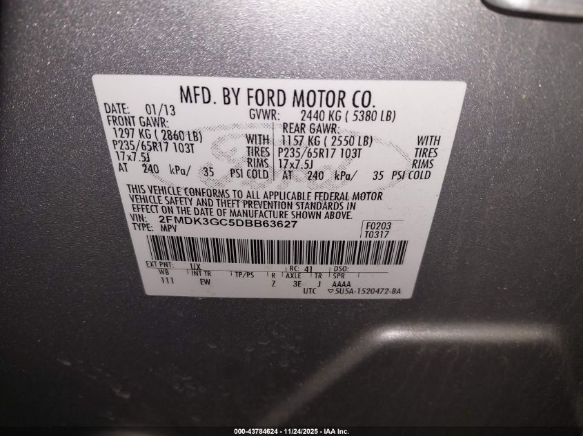 2013 Ford Edge Se VIN: 2FMDK3GC5DBB63627 Lot: 43784624