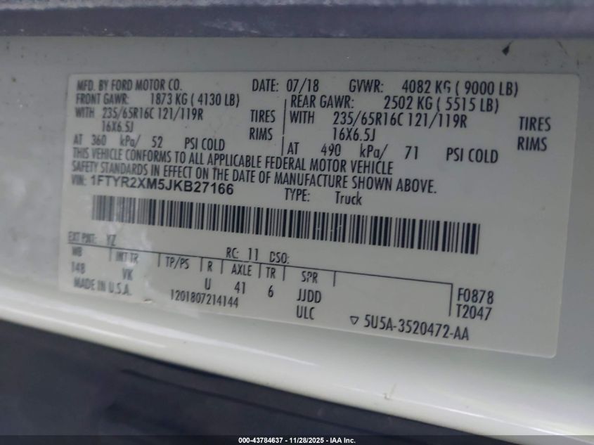 2018 Ford Transit-250 VIN: 1FTYR2XM5JKB27166 Lot: 43784637