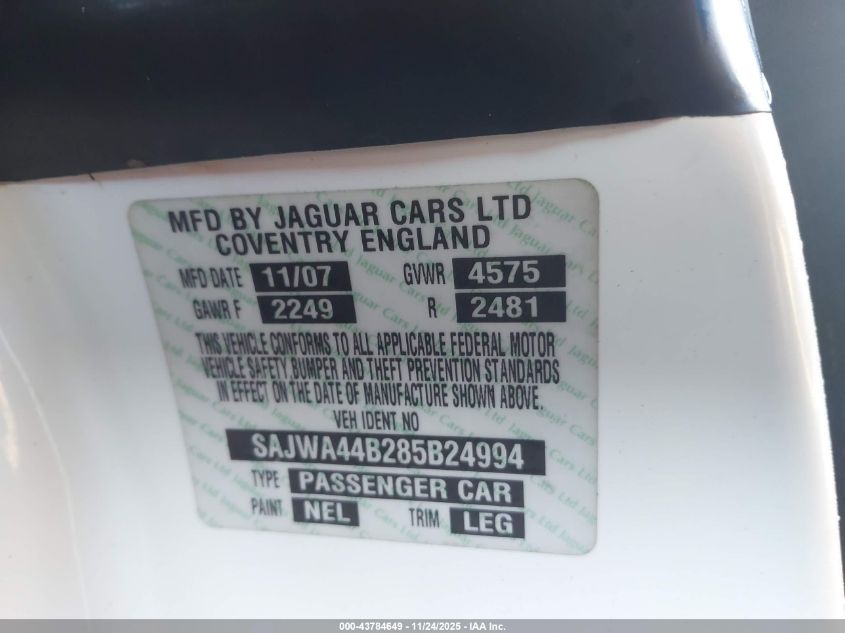 2008 Jaguar Xk VIN: SAJWA44B285B24994 Lot: 43784649