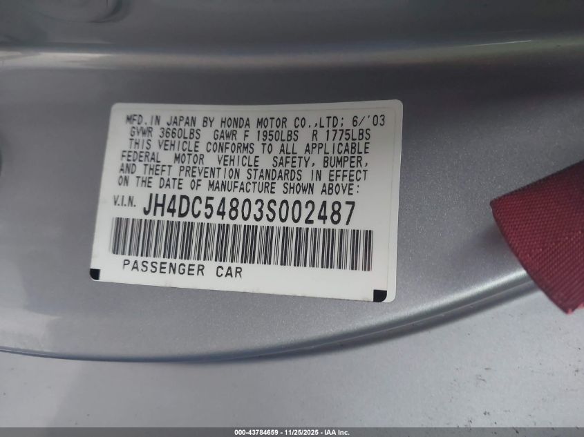 2003 Acura Rsx VIN: JH4DC54803S002487 Lot: 43784659