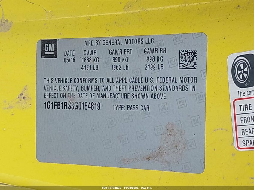 2016 Chevrolet Camaro 1Lt VIN: 1G1FB1RS3G0184819 Lot: 43784665
