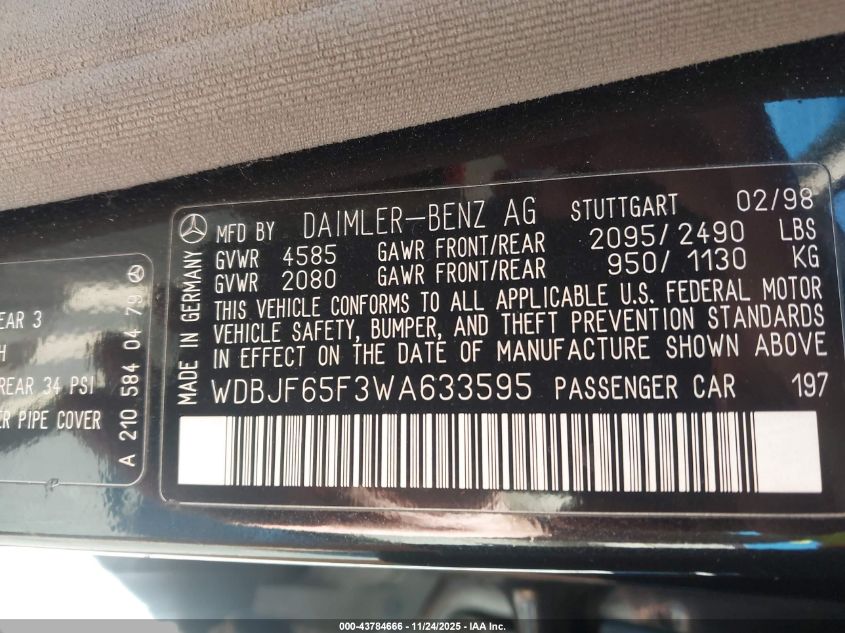 1998 Mercedes-Benz E 320 VIN: WDBJF65F3WA633595 Lot: 43784666