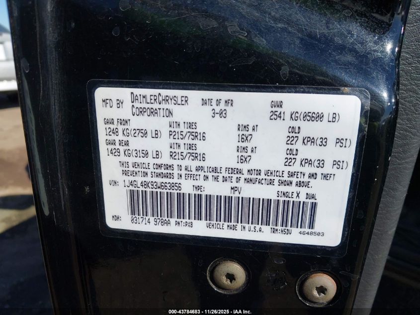 2003 Jeep Liberty Sport VIN: 1J4GL48K93W663856 Lot: 43784683