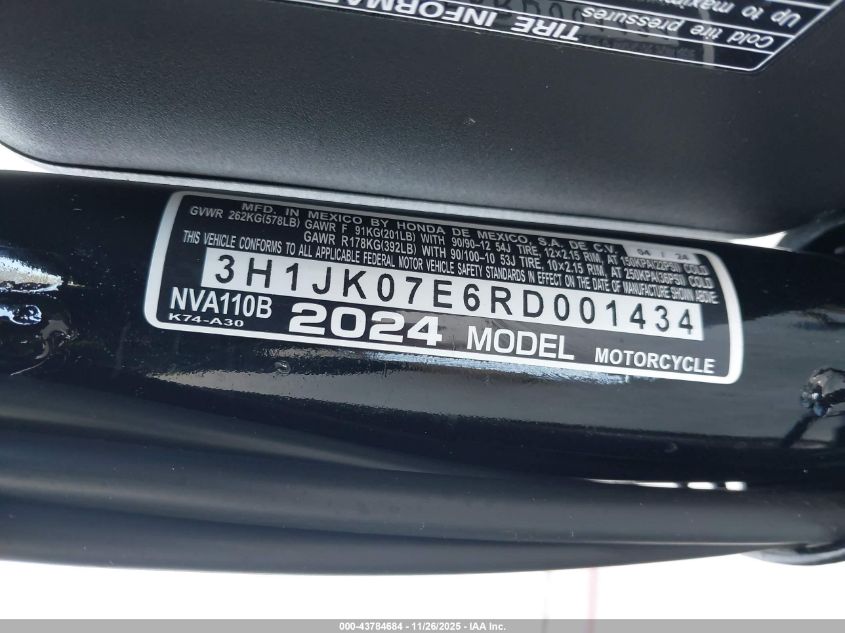 2024 Honda Nva110 B VIN: 3H1JK07E6RD001434 Lot: 43784684