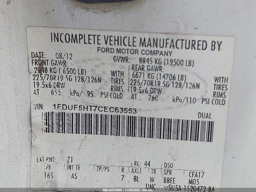 2012 Ford F-550 Chassis Xl VIN: 1FDUF5HT7CEC63553 Lot: 43784689