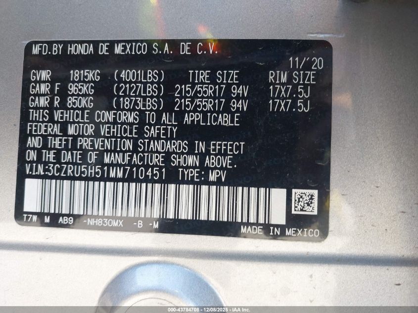 2021 Honda Hr-V 2Wd Ex VIN: 3CZRU5H51MM710451 Lot: 43784708