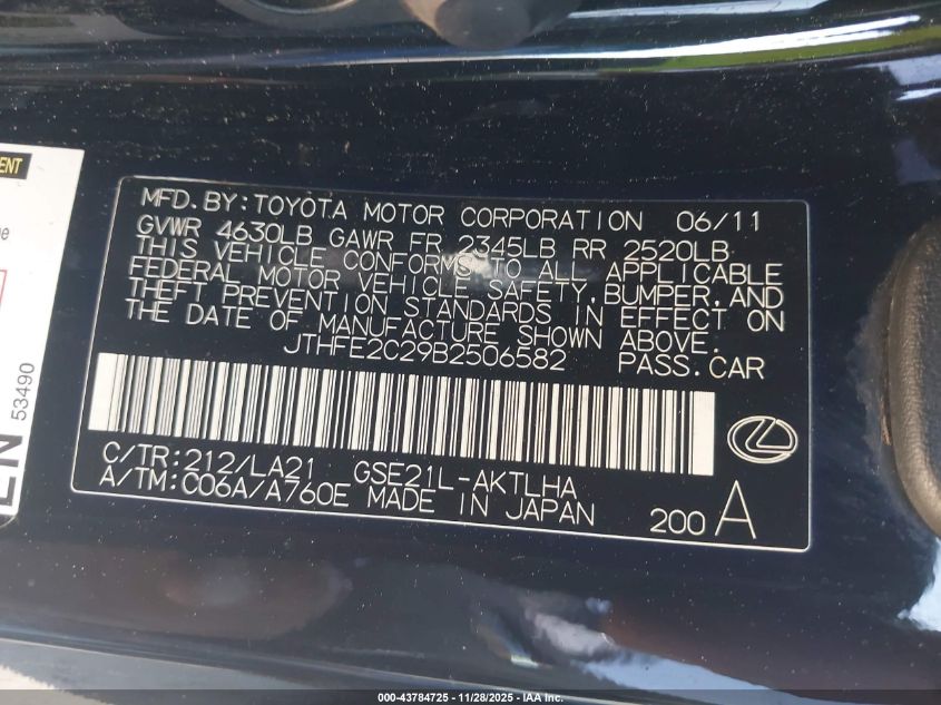 2011 Lexus Is 350C VIN: JTHFE2C29B2506582 Lot: 43784725
