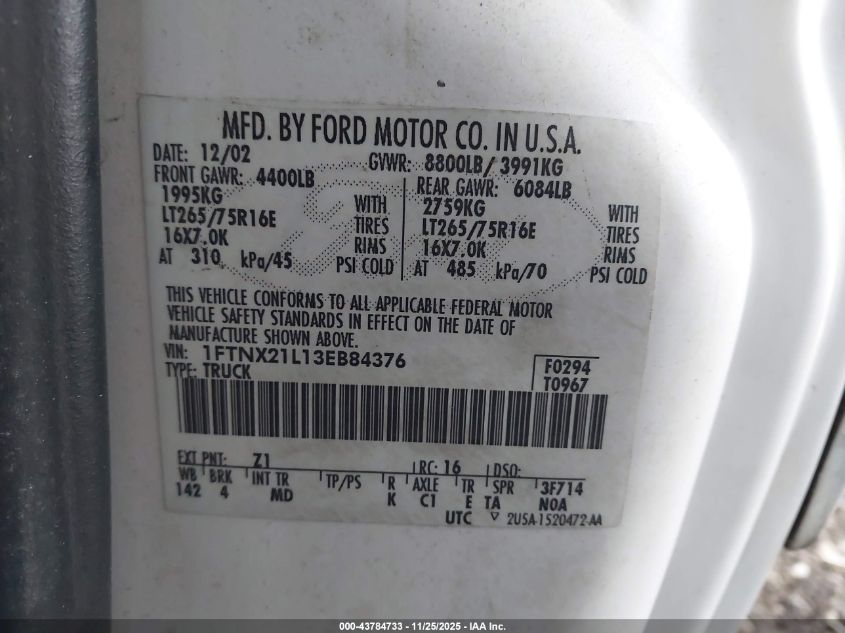 2003 Ford F-250 Lariat/Xl/Xlt VIN: 1FTNX21L13EB84376 Lot: 43784733