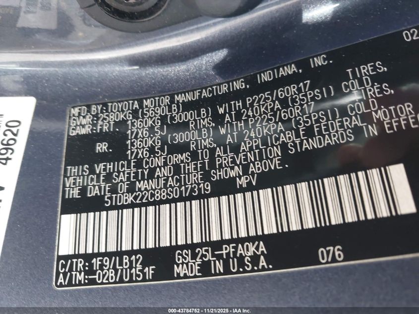 2008 Toyota Sienna Limited VIN: 5TDBK22C88S017319 Lot: 43784752