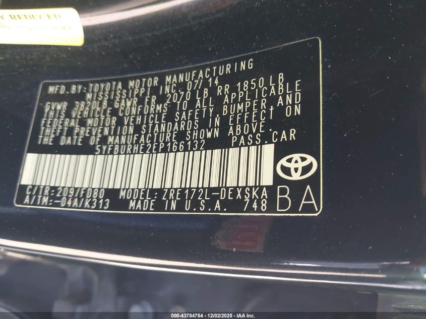 2014 Toyota Corolla S Plus VIN: 5YFBURHE2EP166132 Lot: 43784754