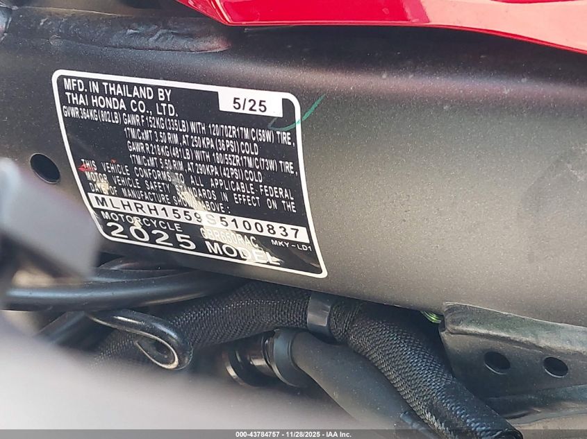 2025 Honda Cbr650 R VIN: MLHRH1559S5100837 Lot: 43784757