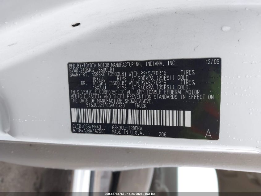 2006 Toyota Tundra VIN: 5TBJU32116S462520 Lot: 43784763
