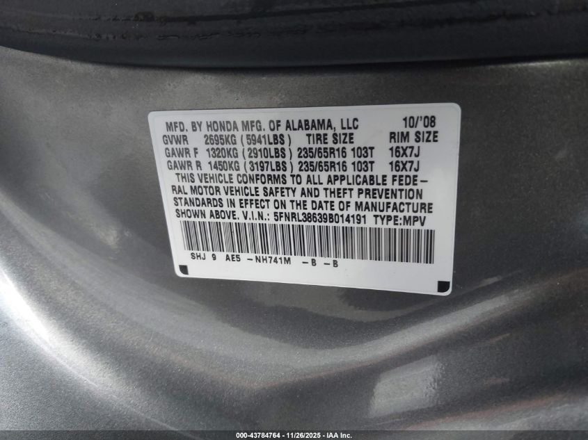 2009 Honda Odyssey Ex-L VIN: 5FNRL38639B014191 Lot: 43784764