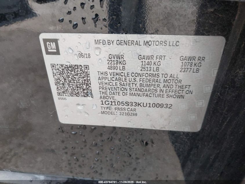 2019 Chevrolet Impala Premier VIN: 1G1105S33KU100932 Lot: 43784781