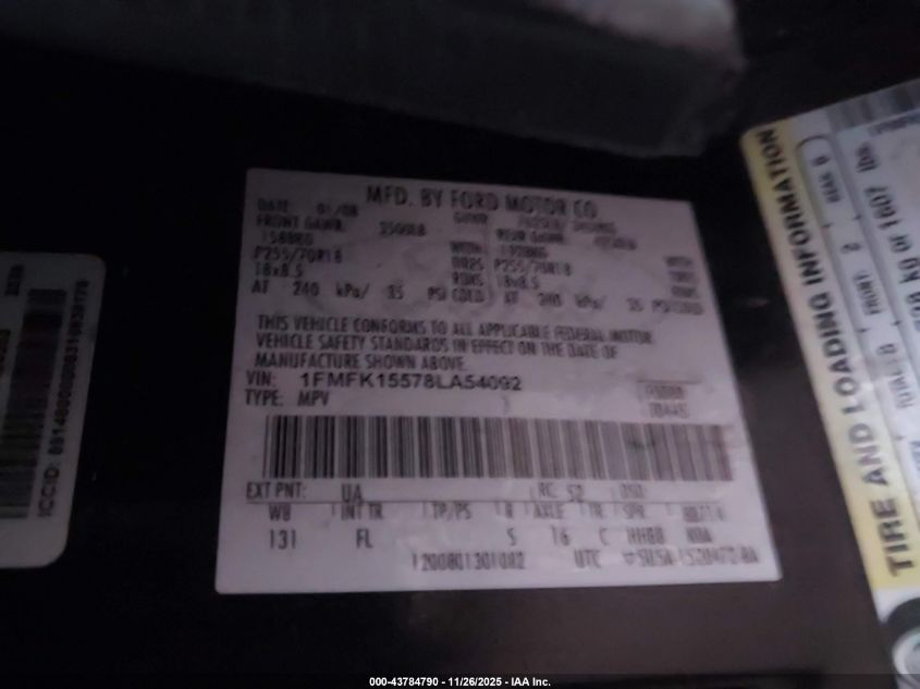 2008 Ford Expedition El Xlt VIN: 1FMFK15578LA54092 Lot: 43784790