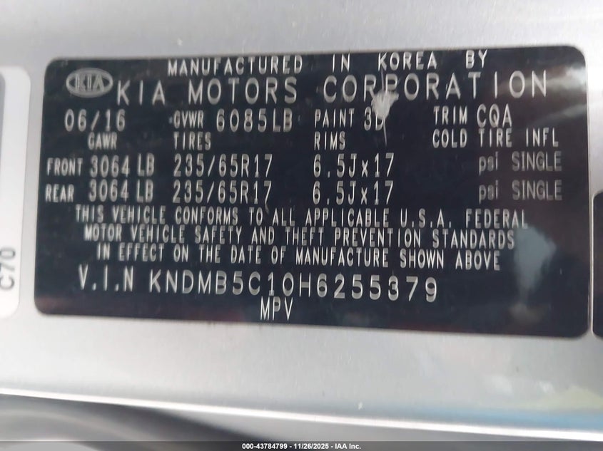 2017 Kia Sedona Lx VIN: KNDMB5C10H6255379 Lot: 43784799