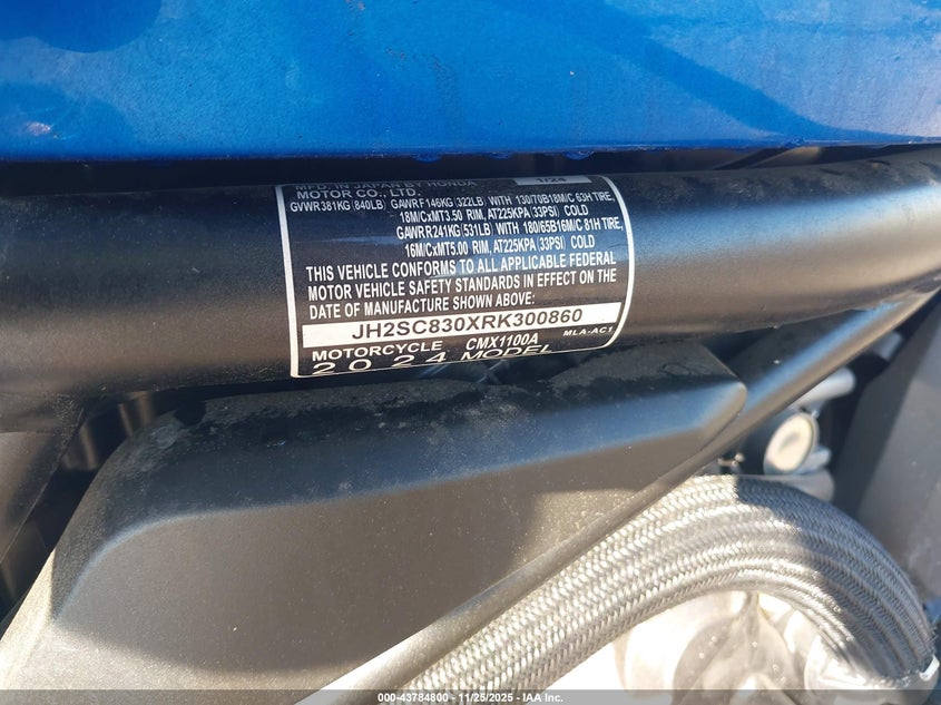 2024 Honda Cmx1100 A VIN: JH2SC830XRK300860 Lot: 43784800