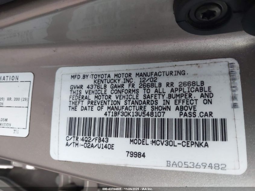 2003 Toyota Camry Le V6 VIN: 4T1BF30K13U548107 Lot: 43784805