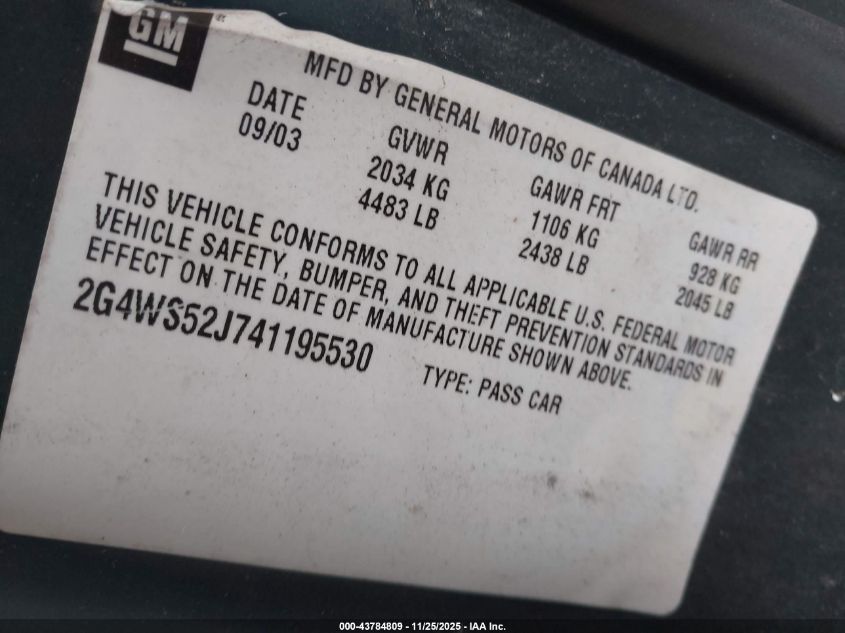 2004 Buick Century VIN: 2G4WS52J741195530 Lot: 43784809