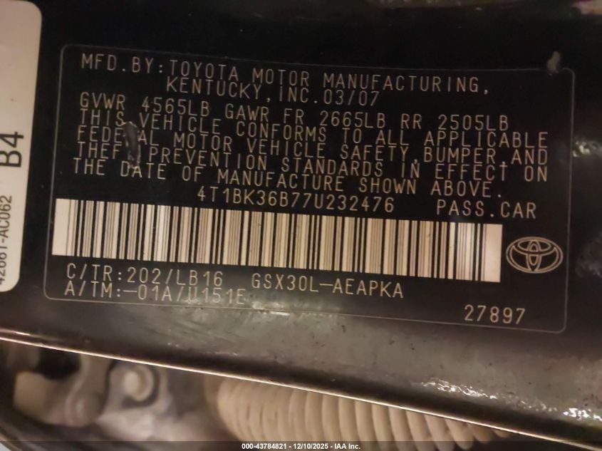 2007 Toyota Avalon Limited VIN: 4T1BK36B77U232476 Lot: 43784821