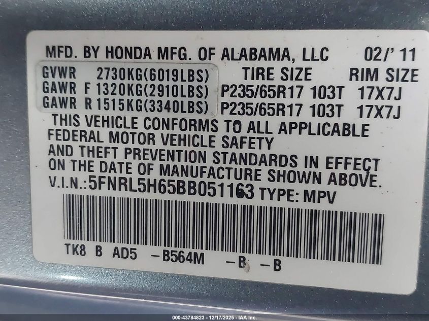 2011 Honda Odyssey Ex-L VIN: 5FNRL5H65BB051163 Lot: 43784823