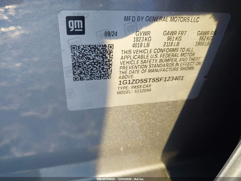 2025 Chevrolet Malibu Fwd 1Lt VIN: 1G1ZD5ST5SF123401 Lot: 43784828