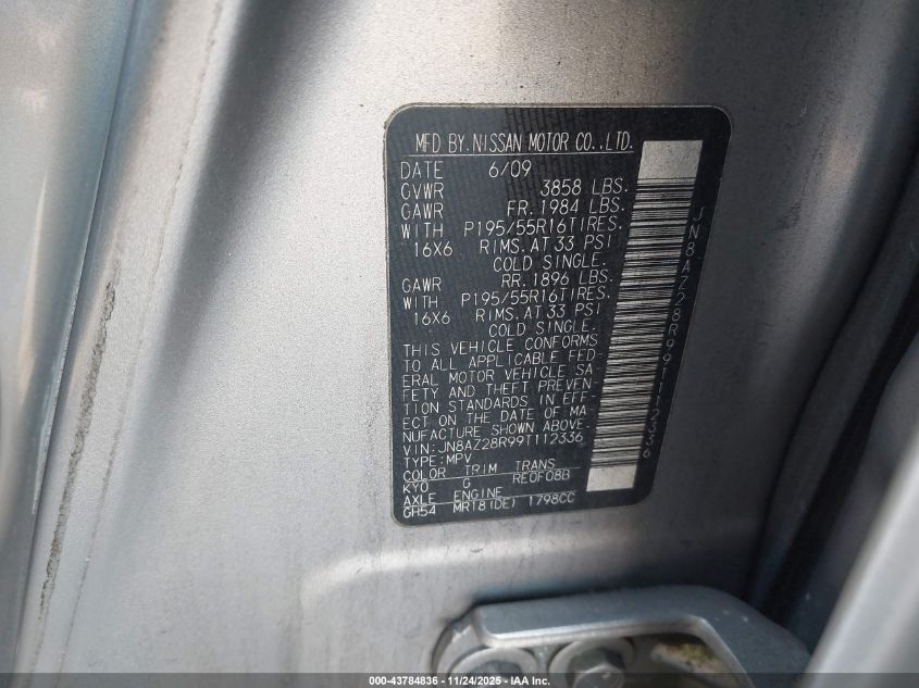 2009 Nissan Cube 1.8Sl VIN: JN8AZ28R99T112336 Lot: 43784836