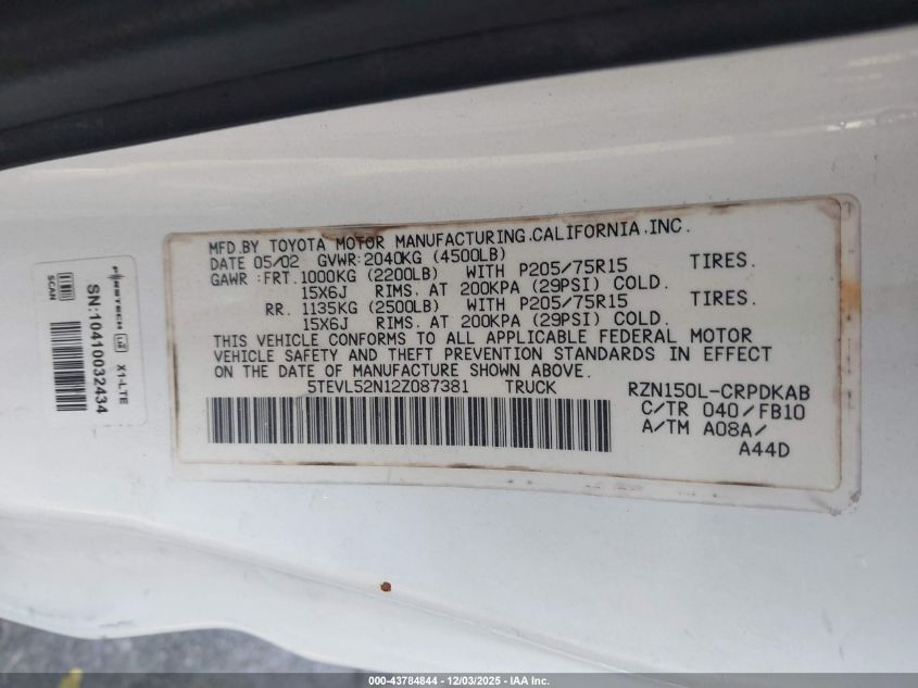2002 Toyota Tacoma VIN: 5TEVL52N12Z087381 Lot: 43784844