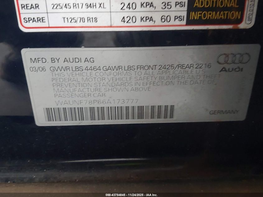2006 Audi A3 2.0T VIN: WAUNF78P66A173777 Lot: 43784845