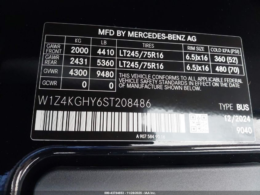 2025 Mercedes-Benz Sprinter 2500 High Roof 4-Cyl Diesel VIN: W1Z4KGHY6ST208486 Lot: 43784853