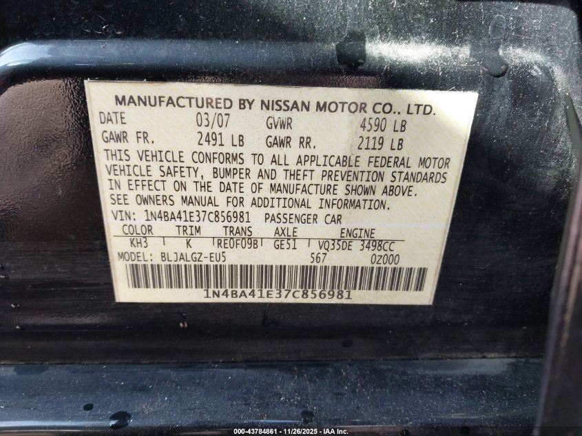 2007 Nissan Maxima 3.5 Sl VIN: 1N4BA41E37C856981 Lot: 43784861