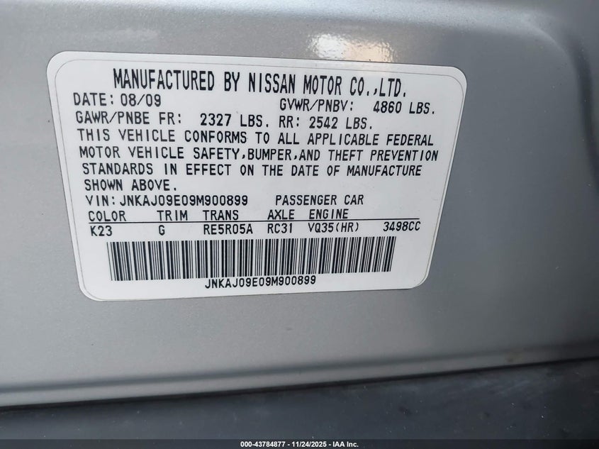 2009 Infiniti Ex35 Journey VIN: JNKAJ09E09M900899 Lot: 43784877