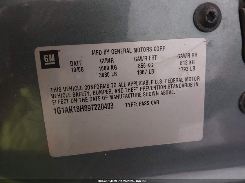 2009 Chevrolet Cobalt Ls VIN: 1G1AK18H897220403 Lot: 43784879