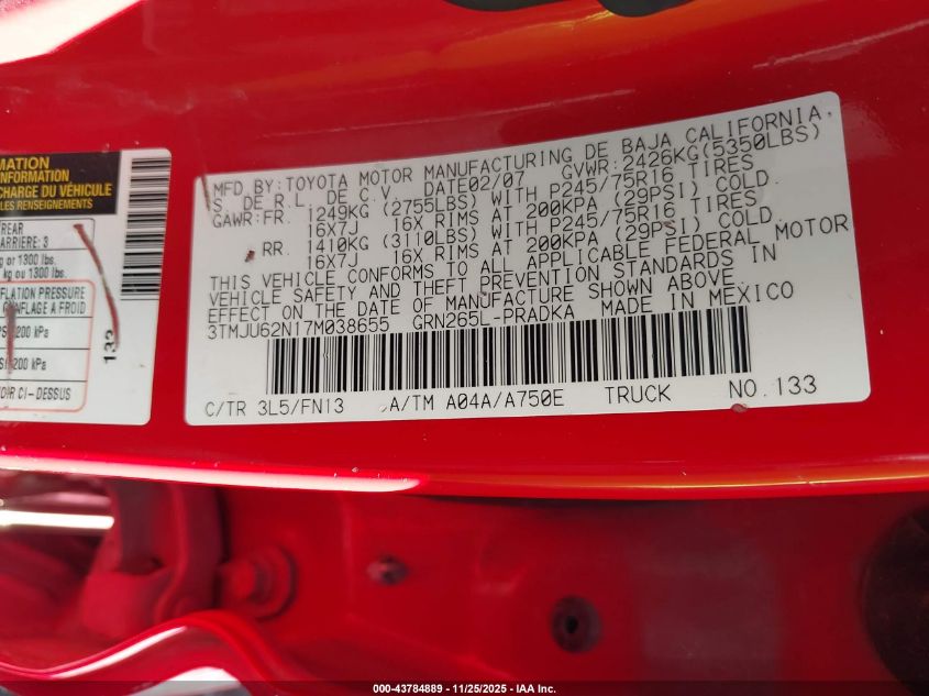 2007 Toyota Tacoma Prerunner V6 VIN: 3TMJU62N17M038655 Lot: 43784889