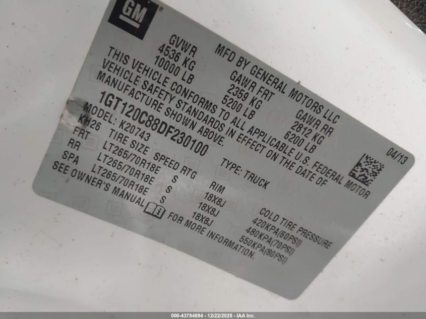 2013 GMC Sierra 2500Hd Sle VIN: 1GT120C88DF230100 Lot: 43784894