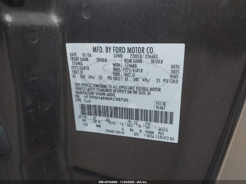 2006 Ford F-150 Fx4/Lariat/Xlt VIN: 1FTPW14596KC58720 Lot: 43784898