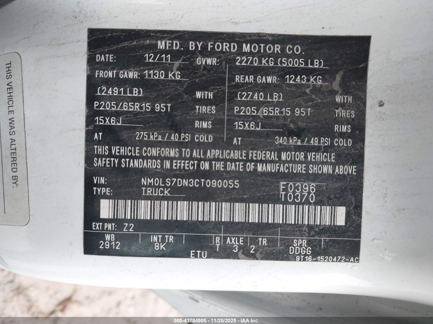 2012 Ford Transit Connect Xlt VIN: NM0LS7DN3CT090055 Lot: 43784905