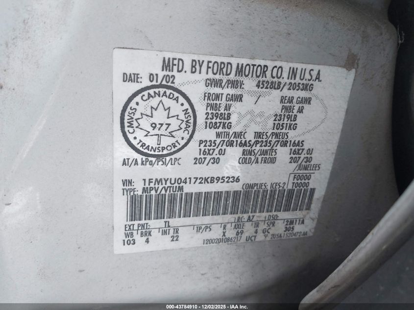 2002 Ford Escape Xlt VIN: 1FMYU04172KB95236 Lot: 43784910