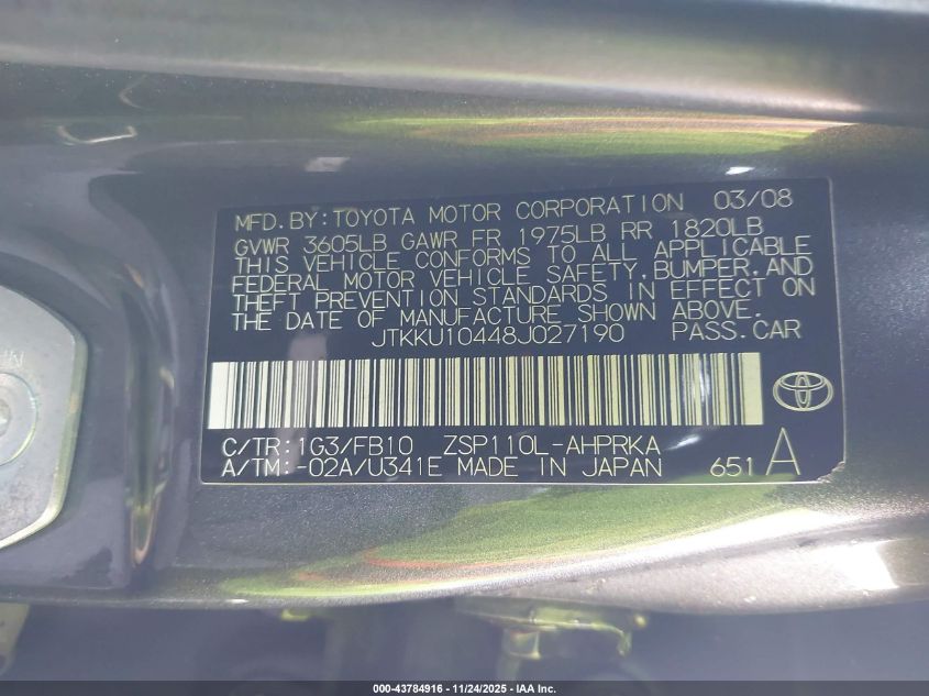 2008 Scion Xd VIN: JTKKU10448J027190 Lot: 43784916