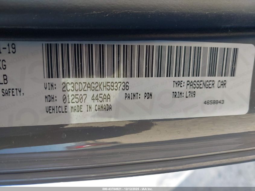 2019 Dodge Challenger Sxt VIN: 2C3CDZAG2KH593736 Lot: 43784921