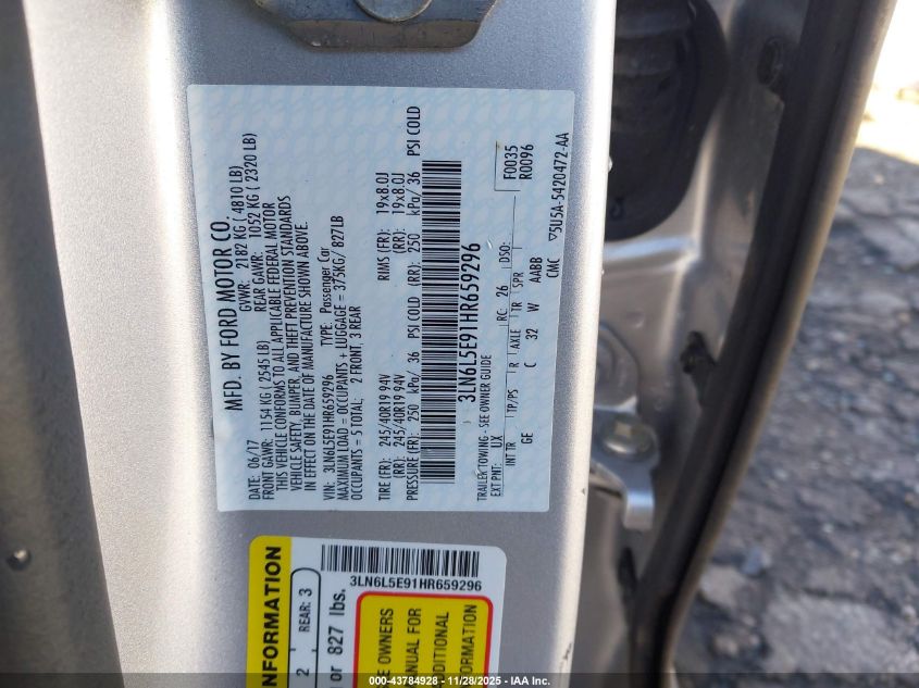 2017 Lincoln Mkz Reserve VIN: 3LN6L5E91HR659296 Lot: 43784928