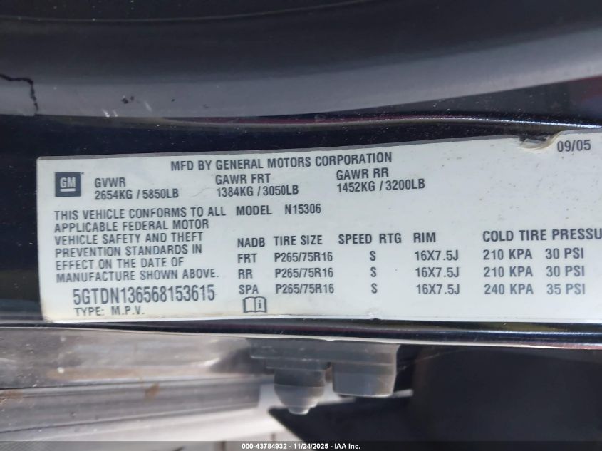 2006 Hummer H3 Suv VIN: 5GTDN136568153615 Lot: 43784932