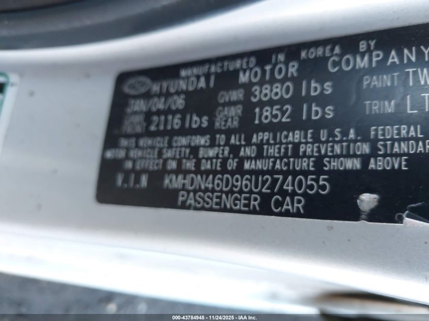 2006 Hyundai Elantra Gls/Limited VIN: KMHDN46D96U274055 Lot: 43784948