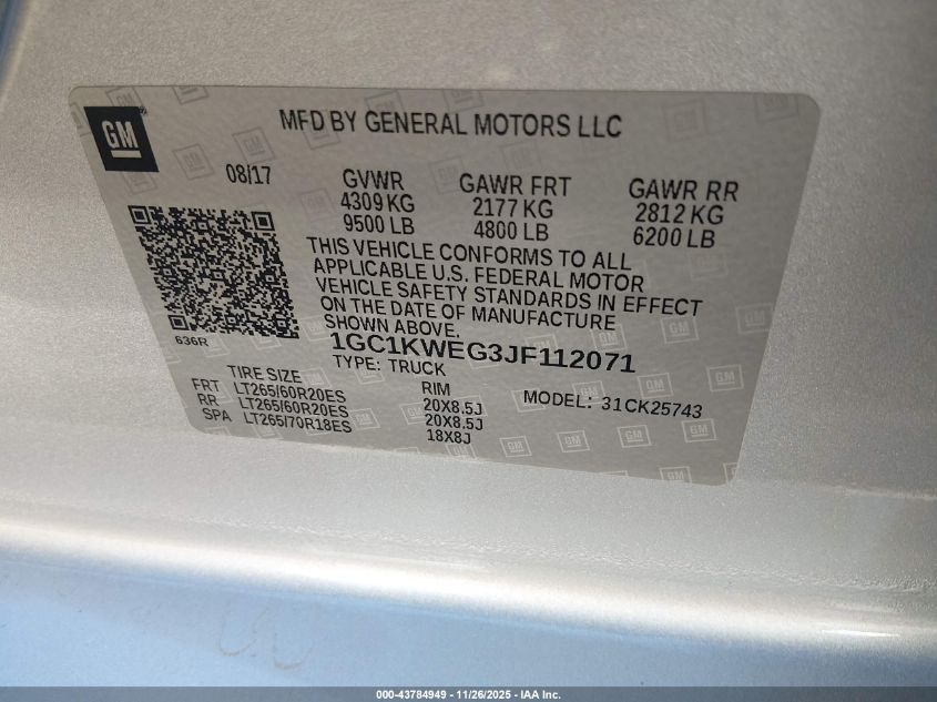 2018 Chevrolet Silverado 2500Hd Ltz VIN: 1GC1KWEG3JF112071 Lot: 43784949