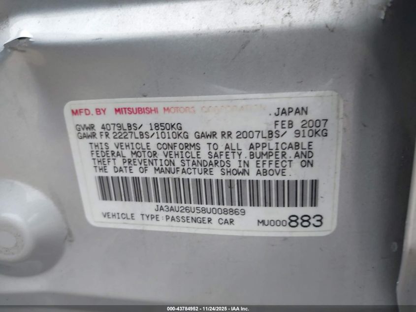 2008 Mitsubishi Lancer De/Es VIN: JA3AU26U58U008869 Lot: 43784952