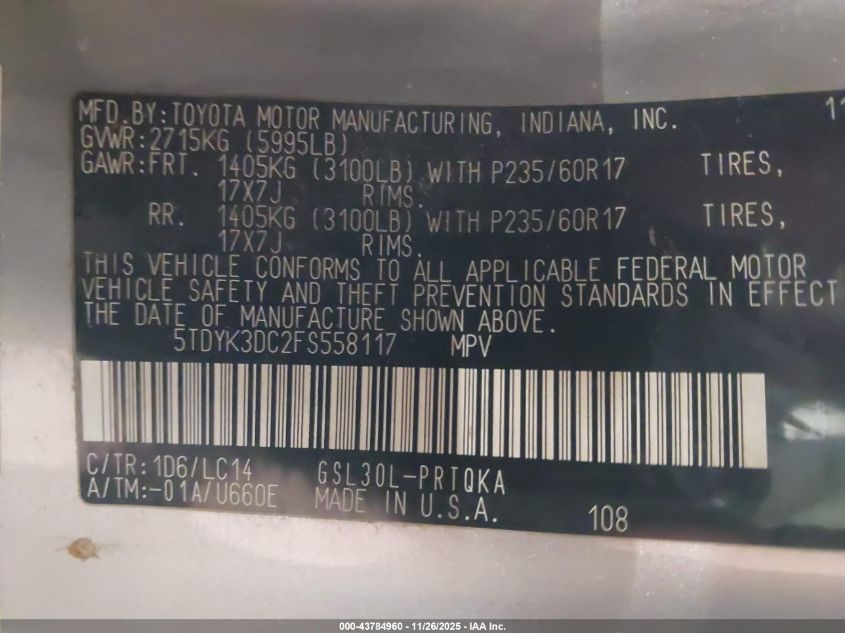 2015 Toyota Sienna Xle 8 Passenger VIN: 5TDYK3DC2FS558117 Lot: 43784960