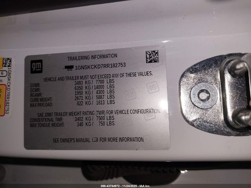 2024 Chevrolet Suburban 4Wd Lt VIN: 1GNSKCKD7RR182753 Lot: 43784972