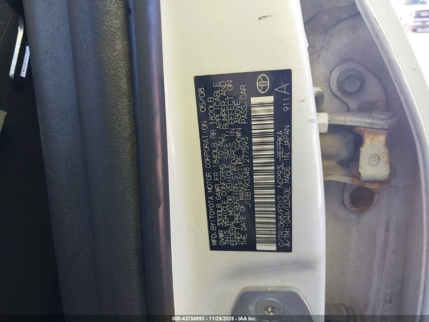 2008 Toyota Yaris VIN: JTDBT903481277593 Lot: 43784993