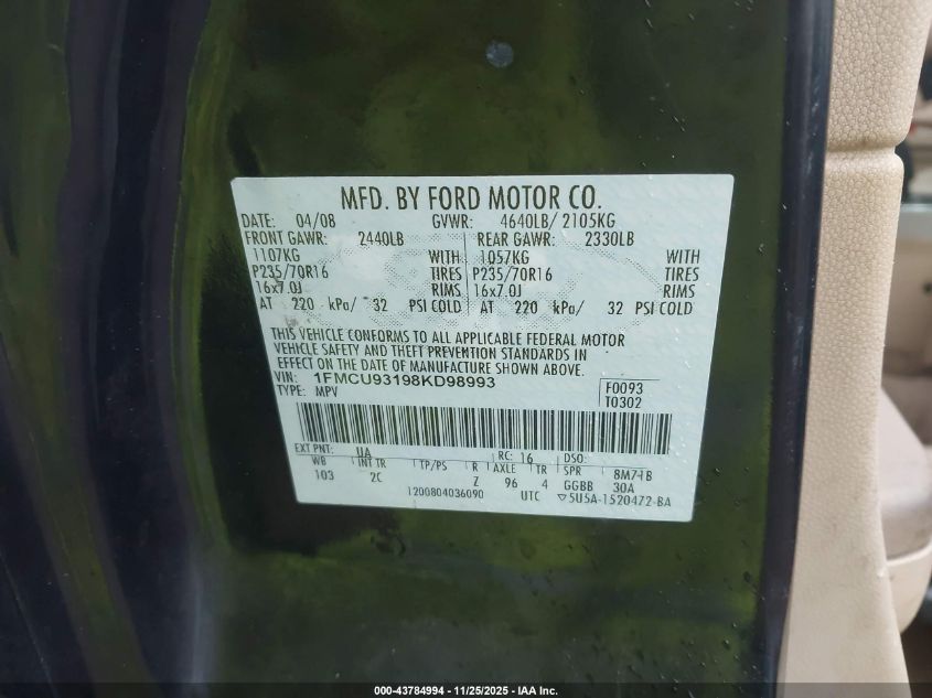 2008 Ford Escape Xlt VIN: 1FMCU93198KD98993 Lot: 43784994